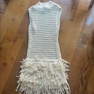 Cream Knit Sleeveless Dress with Fringe Hem